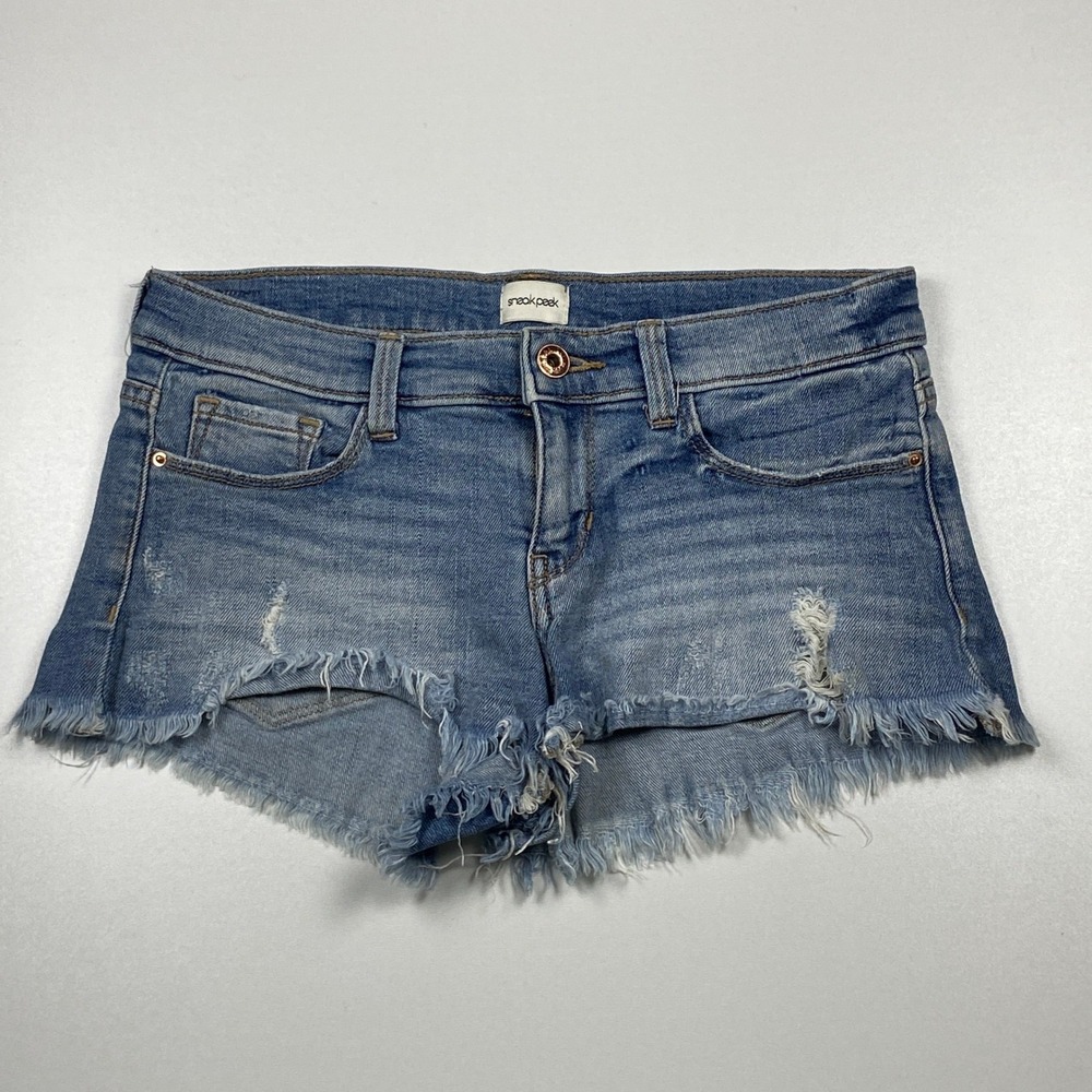 Sneak Peek Low Rise Distressed Denim Cut Off Shorts Size S Blue Raw Hem Hotpants